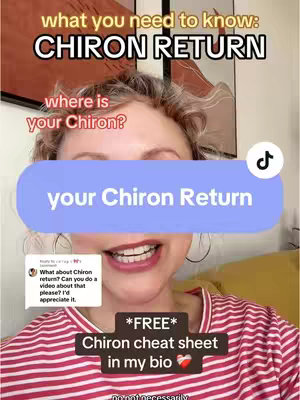 A woman with short, curly blonde hair smiles broadly at the camera; she wears a striped red and white shirt. Overlaid text includes phrases like “CHIRON RETURN” and “your Chiron Return”. A comment box offers additional information for context.