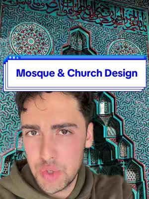 The cover image features a young man in the foreground with a mosque or church interior design as background. The hook overlay with the title 'Mosque & Church Design' is present in a blue panel over his face. The background has teal-colored wall with mosaic tile design.