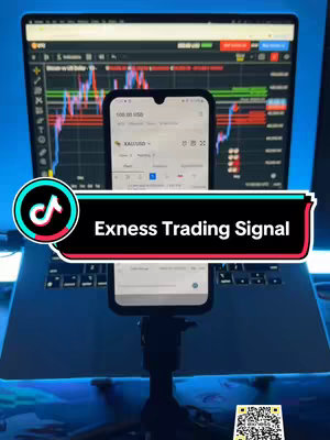 A person is holding a smartphone in front of a laptop. The phone screen shows a financial trading platform, and the laptop screen displays a trading chart. The background is lit with blue light. A TikTok logo and a sign that says, 'Exness Trading Signal' are overlaid on the image.