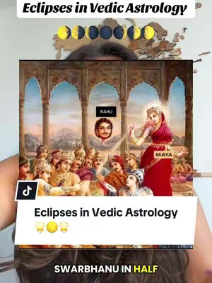 The cover image features a layered composition. The top layer includes a depiction of the moon phases along with the eyes of a person peeking from the top. Beneath is a historical-style illustration depicting a scene with multiple figures in traditional attire, including one labeled 'RAHU' and another labeled 'MAYA.' There is a TikTok logo at the bottom left and another text overlay at the bottom 'SWARBHANU IN HALF'. The color palette is rich with warm, earthy tones and golds, creating a historical or spiritual atmosphere.