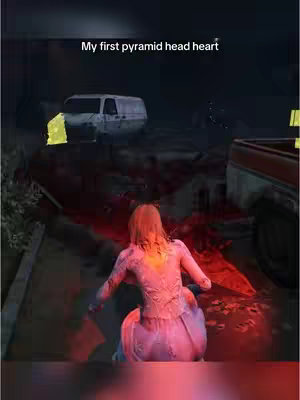 The cover image shows a scene from a video game with a female character kneeling on a surface, with red and white lighting effects. A text overlay above the scene reads 'My first pyramid head heart'. In the background are elements of a city setting like a van, a truck, some vegetation. The colors are dark, with contrast between red and white highlights.