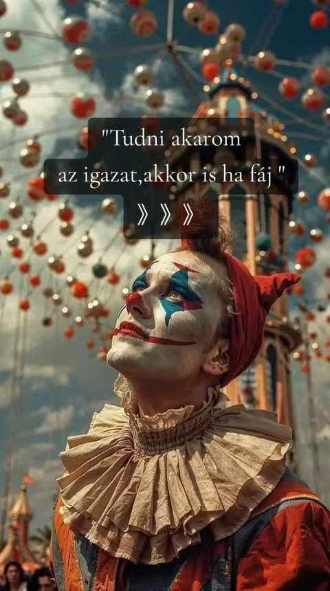 The cover image features a man with clown make-up looking up. The background shows a fairground setting with lights.