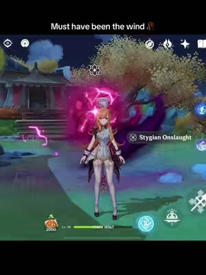 A screenshot from the game Genshin Impact, featuring a female character standing in a lush, green environment with Eastern-style architecture in the background. The character is surrounded by visual effects.