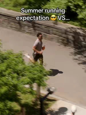 A man runs down a paved path in a park, viewed from an elevated angle. Trees line the left side, their leaves blurred by motion. Text overlays the top.