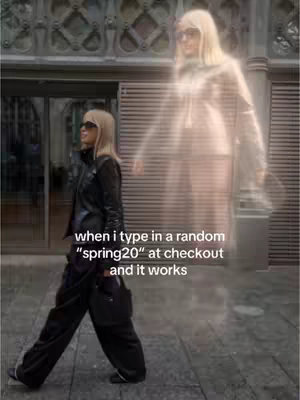 The image captures a woman in sunglasses and black attire, walking in front of a building with a ghostly figure of herself superimposed beside her. Text overlayed provides context to the image.