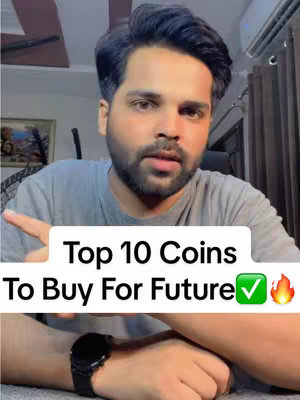 A man with dark hair and a beard is centered, pointing one finger to the side. White text on a white box appears below the person, saying "Top 10 Coins To Buy For Future" with a green checkmark and flame emoji next to it. He is wearing a grey t-shirt.