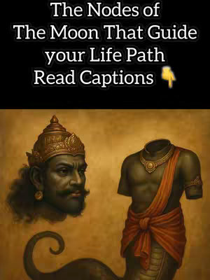 The image features an illustration with a gold-colored background. In the upper part of the image, centrally positioned text is displayed in a clean, white font. The text says, 'The Nodes of The Moon That Guide your Life Path Read Captions,' with a yellow arrow emoji pointing downwards. The lower half of the image shows two figures. On the left, there is a detailed illustration of a dark-skinned male figure adorned with a regal crown and earrings. This person is facing towards the left of the image. On the right side, there is a bust of a person who appears to be a serpent, a dark-skinned, armored humanoid torso with a golden necklace, and an orange cloth tied at the waist. Below the humanoid bust is a depiction of the lower half of a serpent, with intricate scales and patterns.