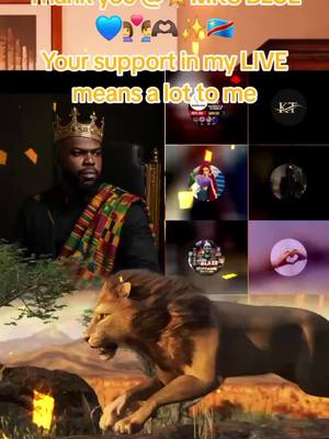 The image is a montage with multiple elements. At the top, there's stylized text with heart and star emojis. In the center-left, a man wearing a crown and traditional garb is seated. Below him, a lion is depicted. To the right are various circular images and logos.