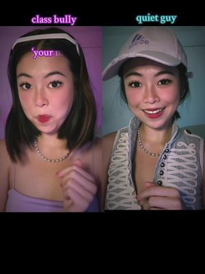 The cover image is split in two vertically. On the left, a woman with short dark hair is looking at the camera with a slightly pursed mouth. She has a white headband on. The text overlay above her reads 'class bully' The right side shows the same woman, now with a baseball cap, smiling with her eyes and looking at the camera. Text above her reads 'quiet guy'. The background on the left is primarily purple and the background on the right seems to be a neutral color.