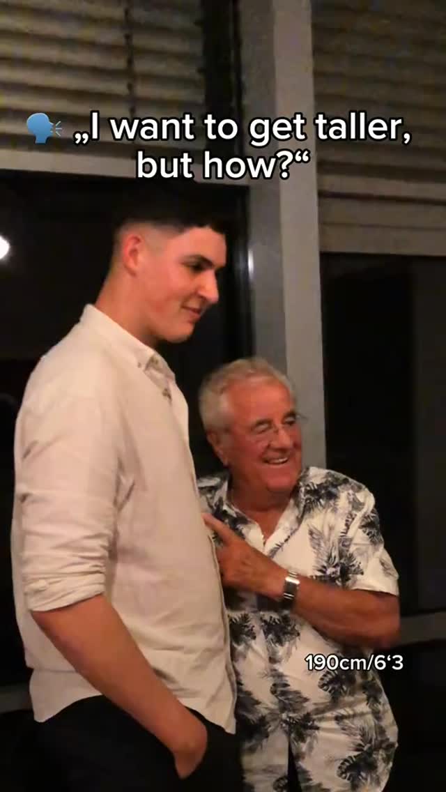 The cover image shows two men in a setting that appears to be a social gathering. The younger man is on the left, and an older man is on the right. The younger man is slightly taller than the older man. The older man has his hand on the younger man. Text overlayed on the image says, “I want to get taller, but how?” The visual elements consist of the men and the text overlay.