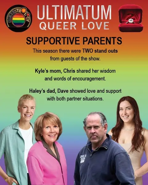The image is a promotional graphic for a video discussing astrology and relationships. The background transitions from orange at the top to green and purple at the bottom. The title "ULTIMATUM QUEER LOVE" is prominently displayed, with "SUPPORTIVE PARENTS" below it. Four people are shown: an individual with short blonde hair and a green shirt, an older woman in a pink jacket, a man with short hair and a blue shirt, and a woman with long brown hair and a beige top. A graphic of a ring box is in the top right, and the logo for "Queer Astrology" is in the top left. Text overlays explain the video's focus on the supportive actions of two parents from the show.
