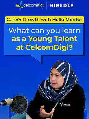The image features a woman wearing a hijab and a black top, seated in front of a microphone. Text overlays are placed on the image. The color palette is dominated by shades of blue, with a circular microphone in the foreground emphasizing an interview setting.
