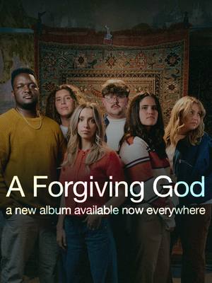 The cover image features seven people standing closely together, mid-body. A large patterned tapestry is in the background. The text overlay includes the album's name and the phrase 'a new album available now everywhere'. The color palette is muted, with varying hues of blue, red, and yellow. The composition is a group portrait with the subjects looking directly at the camera.