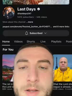 The cover image is a cropped screenshot of a YouTube video. At the top is a channel banner with a photo of a bald man with glasses and a woman, presumably the creators. The main part of the cover shows a man's face close-up, with the channel content behind him.