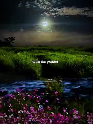 A nighttime landscape featuring a full moon shining brightly in the sky above a field of green grass and a flowing river. The foreground is filled with pink and purple flowers. Text is overlaid on the scene.