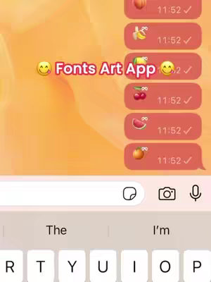 The image shows a phone screen with a peach-colored background. A text message thread is visible, with bubbles containing emojis and time stamps. The 'Fonts Art App', is highlighted with text overlay, accompanied by smiley face emojis. Below is the keyboard, showing the word 'The' and partial view of the letters of the keyboard.