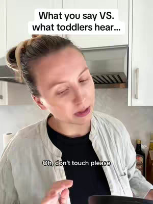 A woman with her hair up in a bun is speaking in a kitchen setting, with text overlays indicating her message's focus.