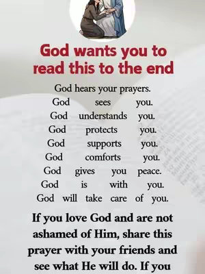Image shows a white background with a paragraph of text in black font, an illustration in the top-center. The top text is in red and says 'God wants you to read to the end'. The image's illustration shows two figures in simple line art.