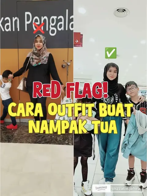 A split image showing two different outfits. On the left, a woman and child are posed in front of a door. On the right, a woman with two children are posing in front of what looks like a mall.