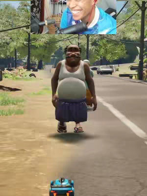 The image shows a split screen composition. In the upper right corner, a man is smiling and looking at the camera while holding a microphone. In the bottom left is a 3D character of a squat, dark-skinned man in a tank top, shorts, and sandals waddling on a road. A toy car is in the foreground.