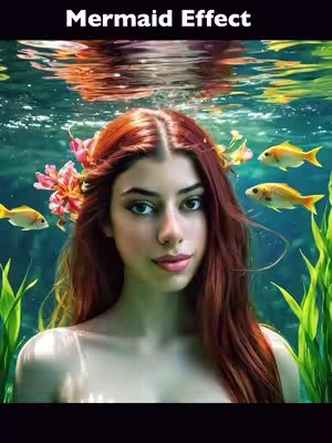 A woman with long red hair, adorned with flowers, appears submerged underwater. The image is dominated by shades of blue and green, simulating an aquatic environment. Small, golden fish swim around the woman. The layout centers on the woman's face, creating a mermaid-like effect.
