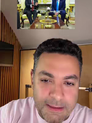 A man is in the foreground, talking, with a split screen showing an image of Donald Trump and another man in a meeting.