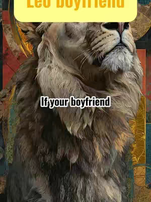 An artistic cover image features a close-up of a lion's head, with its textured fur and detailed facial features prominent. Text overlays in white and yellow add context regarding content about Leo boyfriends