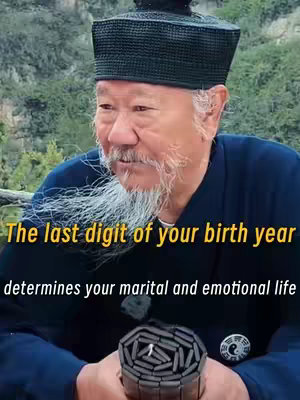 An elderly man with a white beard and a black hat is centered in the frame. Text overlays provide a hook about birth year and marital/emotional life. The background shows a blurred natural setting.