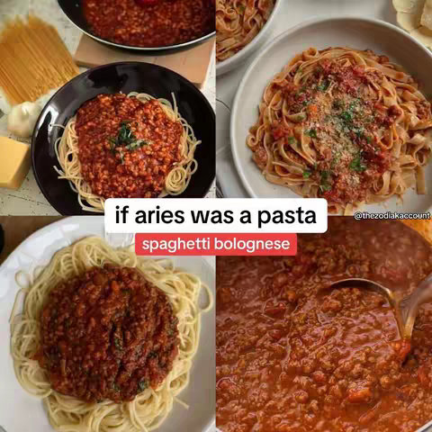 A collage of images featuring different presentations of spaghetti bolognese, including close-ups of the dish, ingredients like pasta and cheese, and text overlays.