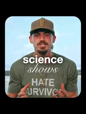 The image features a man in a green t-shirt and a brown checkered hat with the letter \"R\" on it, looking directly at the camera. Above the man's head, the text \"science shows\" is displayed. Below the text, the man's shirt reads \"HATE SURVIVOR\". The overall composition emphasizes the man's direct gaze and a serious but motivational message.