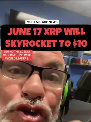 The cover image captures a man in a close-up shot, wearing glasses and facing the camera. Overlay text highlights news about XRP cryptocurrency.  The layout is a vertical shot, common for social media.