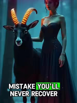 The image depicts a woman in a flowing black dress standing beside a black goat with glowing orange horns. The setting appears to be a blue-toned, fantastical environment. Text overlayed at the bottom reads "MISTAKE YOU'LL NEVER RECOVER" highlighted in green.