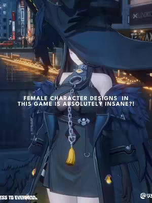 A stylized digital image showcasing a female anime-style character with dark attire, set against a blurred cityscape background. The character is the focal point, with text overlayed at the bottom.