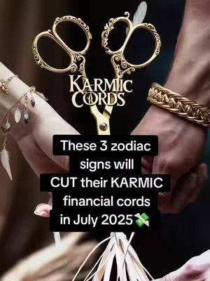 The image depicts two hands, one wearing a bracelet, appearing to hold the handles of gold scissors over a dark background The scissors are positioned over text that details a zodiac reading. The background is a gradient of browns, with the hands in the foreground. The overall composition is focused on the hands, the scissors, and the text.