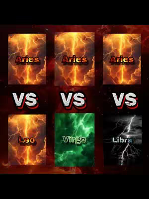 The cover image is a grid of six rectangular panels against a dark red background. Each panel contains a different image and text overlay. The top row has three fiery backgrounds with 'Aries' in bold text over them, and 'VS' is used with a white font and red outline. In the bottom row, the left panel shows 'Leo', the center panel has a green background with 'Virgo', and the right panel shows a black and white lightning background behind the word 'Libra'. The overall composition is dynamic. 