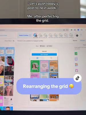 The image shows a laptop screen displaying a grid design tool, likely for Instagram. The screen is divided into a matrix of image placeholders, with previews of an Instagram feed layout. Overlaying the grid preview is a large, blue, oblong speech bubble that includes the text 'Rearranging the grid' and an emoji.