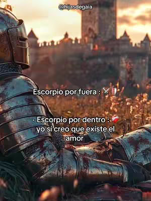 An image featuring a medieval knight in armor resting on the ground, set against a blurred background of a castle at sunset. Text overlays provide a humorous contrast between outward appearance and inner feelings related to love for the zodiac sign Scorpio.