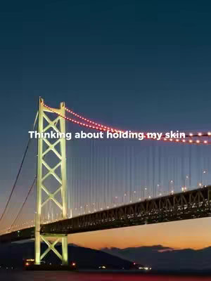 The cover image shows a long bridge at night with lights. The sky is a gradient of dark blue and some orange glow near the horizon. The text overlayed in white font states, “Thinking about holding my skin.”