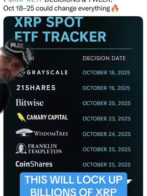 The image is a graphic with a dark blue background and overlayed visual elements. At the top, white text states "#XRP #ETF DECISIONS & 1 WEEK". The main text, "XRP SPOT ETF TRACKER", is rendered in a bold, white, sans-serif font. Below this, a list is presented with company logos (Grayscale, 21Shares, Bitwise, Canary Capital, WisdomTree, Franklin Templeton, CoinShares) and corresponding decision dates. A person's face with a hat can be seen in the corner.