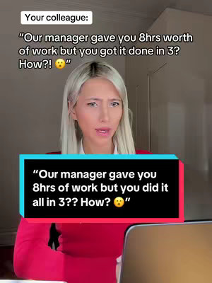 A woman with long, light blonde hair and a red blazer looks directly at the camera, seemingly in a moment of surprise or thought. Overlaid on the image are text boxes with white text on black, red and green backgrounds simulating a conversation or a quote being shared.