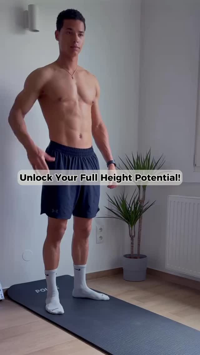 A man stands on an exercise mat, shirtless except for shorts and socks, in an indoor setting. Text overlaid reads: Unlock Your Full Height Potential!