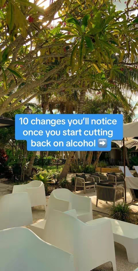The image features an outdoor scene with a blue text box overlaid on a background of lush greenery, white chairs, and tables. The focus is on a message related to cutting back on or quitting alcohol. The bottom of the image focuses on the chairs and tables, indicating an outdoor patio space, with lots of palm trees and leafy details.