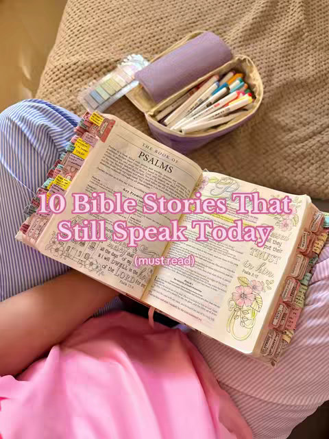 The image shows a woman in a casual setting, with a Bible open on her lap. The Bible is marked with colorful tabs and highlights. There is also a pencil case and some stationary beside the Bible. The layout is inviting, the colors are soft and warm, and give a sense of peace and learning.