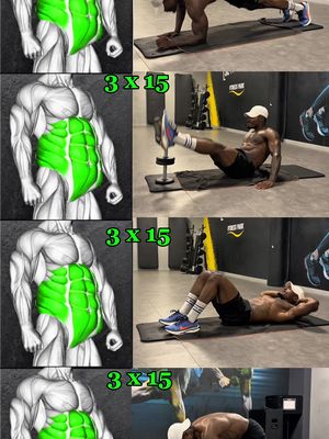 The cover image is a collage showcasing different ab exercises. The layout is split into a grid, including illustrations of the abdominal muscles highlighted in green, along with action shots of a man performing the exercises. Bold green text indicates sets and reps.