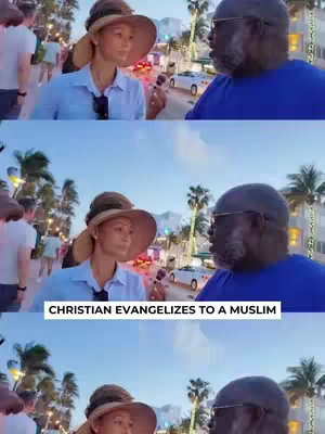 The image is a split-screen capturing a conversation at South Beach. The top half presents two people in conversation: a fair-skinned woman wearing a sun hat and light blue shirt facing a dark-skinned man wearing a blue shirt and glasses. The bottom mirrors this scene. A horizontal white banner reads 'CHRISTIAN EVANGELIZES TO A MUSLIM'. The setting appears to be a beach walkway with palm trees under a clear, early-evening sky, indicated by the lighting and the background visuals.