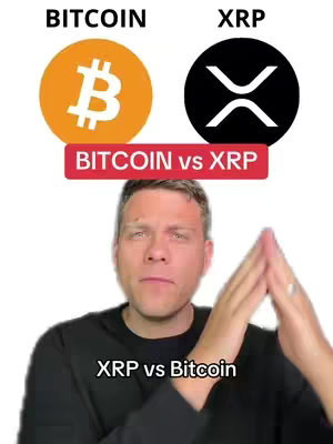 The cover image features a man holding a symbol of Bitcoin and another of XRP, along with overlaid text comparing the two cryptocurrencies. The man is in the center in focus, and the Bitcoin and XRP symbols are above him. The background is a blurred white gradient.
