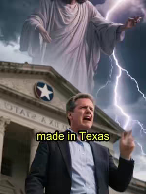 The image is a composite showing a man speaking, with a building and a star logo in the background. Above him, a figure of Jesus Christ is depicted amidst stormy skies and lightning. The phrase 'made in Texas' is overlaid over the man. The color scheme is a mix of blues, whites, and the man's skin tone.