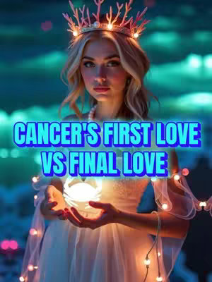 A woman with blonde hair and a jeweled crown poses in front of a blurred, teal background. She clasps a glowing orb in her hands. Text overlayed reads 'Cancer's First Love vs Final Love'.