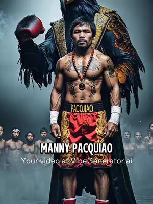 The image is a stylized, AI-generated portrait of Manny Pacquiao standing confidently, shirtless with boxing shorts. Behind him, a large, dark eagle-like figure with a boxing glove looms, while a crowd of indistinct figures stand in the misty background.