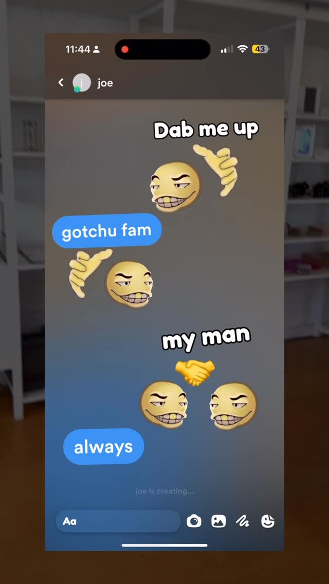 A phone screen displays a text conversation with cartoon emojis and text bubbles. The background is a gradient of blue and gray. The text overlay says 'Dab me up' with different emoji expressions.